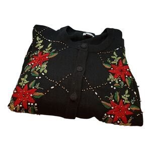 Bon Worth Black Christmas Cardigan Poinsettias Embroidered Beaded Women's Large